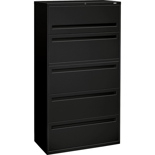 700 SERIES FIVE-DRAWER LATERAL FILE WITH ROLL-OUT SHELF, 36W X 18D X 64.25H, BLACK