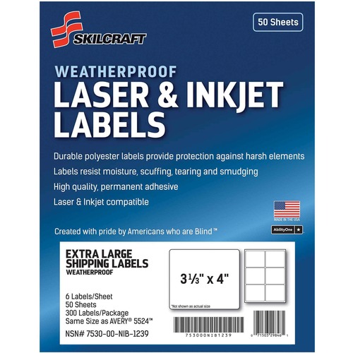 7530016736217 SKILCRAFT WEATHERPROOF MAILING LABELS, INKJET/LASER PRINTERS, 3.33 X 4, WHITE, 6/SHEET, 50 SHEETS/PACK