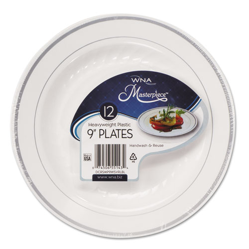 Masterpiece Plastic Dinnerware, White/silver, 9", 10/pack