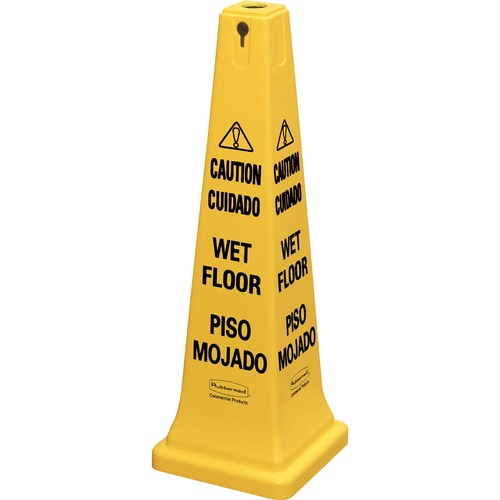 Four-Sided Caution, Wet Floor Yellow Safety Cone, 12 1/4 X 12 1/4 X 36h