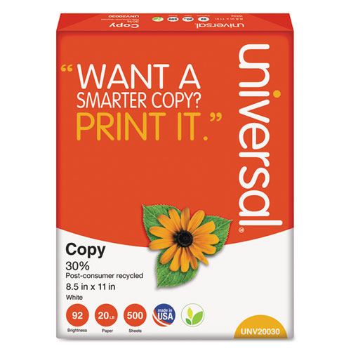 30% RECYCLED COPY PAPER, 92 BRIGHT, 20 LB, 8.5 X 11, WHITE, 500 SHEETS/REAM, 10 REAMS/CARTON