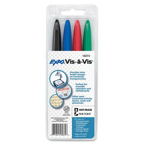 VIS-A-VIS WET ERASE MARKER, FINE BULLET TIP, ASSORTED COLORS, 4/SET