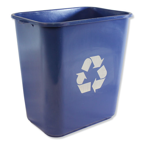 SOFT-SIDED RECYCLE LOGO PLASTIC WASTEBASKET, RECTANGULAR, 28 QT, POLYETHYLENE, BLUE