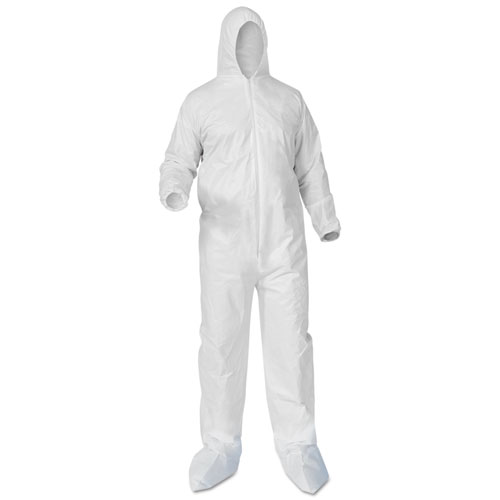 A35 LIQUID AND PARTICLE PROTECTION COVERALLS, HOODED/BOOTED, LARGE, WHITE, 25/CARTON