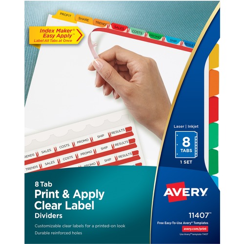 PRINT AND APPLY INDEX MAKER CLEAR LABEL DIVIDERS, 8 COLOR TABS, LETTER