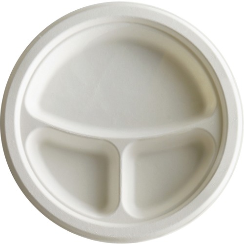 RENEWABLE AND COMPOSTABLE SUGARCANE PLATES CLUB PACK - 10" 3-COMPARTMENT, 50/PACKS, 10 PACKS/CARTON