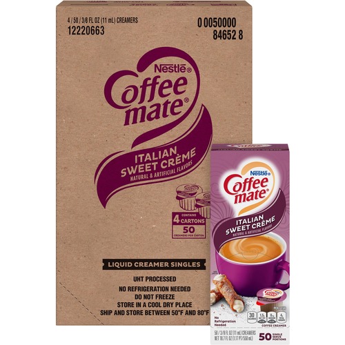 LIQUID COFFEE CREAMER, ITALIAN SWEET CREME, 0.38 OZ MINI CUPS, 50/BOX, 4 BOXES/CARTON, 200 TOTAL/CARTON