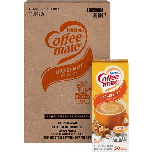 LIQUID COFFEE CREAMER, HAZELNUT, 0.38 OZ MINI CUPS, 50/BOX, 4 BOXES/CARTON, 200 TOTAL/CARTON