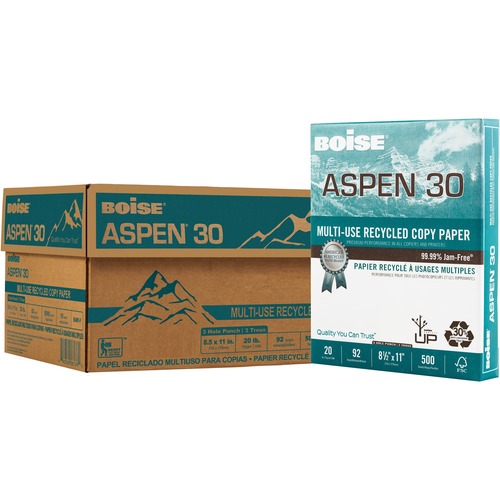 ASPEN 30 MULTI-USE RECYCLED PAPER, 92 BRIGHT, 3-HOLE, 20LB, 8.5 X 11, WHITE, 500 SHEETS/REAM, 10 REAMS/CARTON