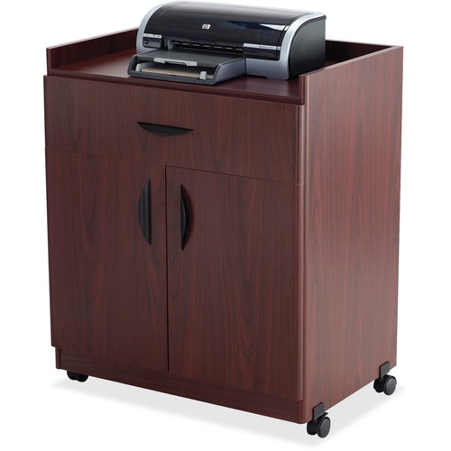 MOBILE LAMINATE MACHINE STAND W/PULLOUT DRAWER, 30W X 20.5D X 36.25H, MAHOGANY