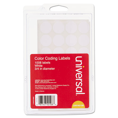 SELF-ADHESIVE REMOVABLE COLOR-CODING LABELS, 0.75" DIA., WHITE, 28/SHEET, 36 SHEETS/PACK