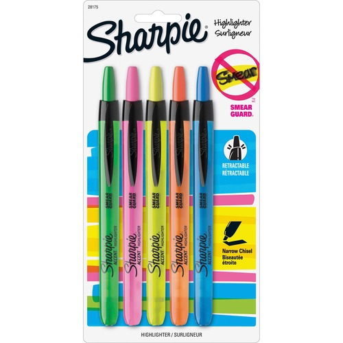 RETRACTABLE HIGHLIGHTERS, CHISEL TIP, ASSORTED COLORS, 5/SET