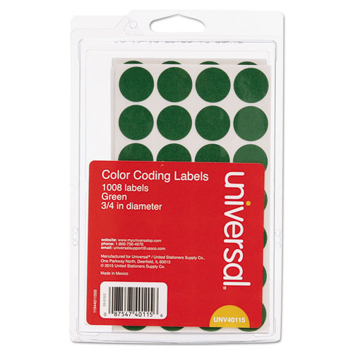 SELF-ADHESIVE REMOVABLE COLOR-CODING LABELS, 0.75" DIA., GREEN, 28/SHEET, 36 SHEETS/PACK