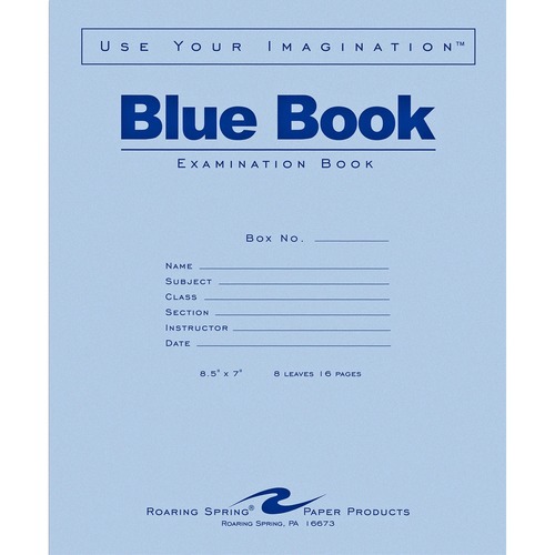 Roaring Spring Paper Products  Examination Book, Wide Rule, 16 Pages, 8-1/2"x7", Blue