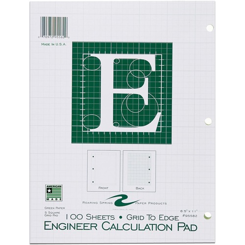Roaring Spring Paper Products  Engineering Pad,5"x5" Quad,3HP,100 Shts,11"x8-1/2",Green
