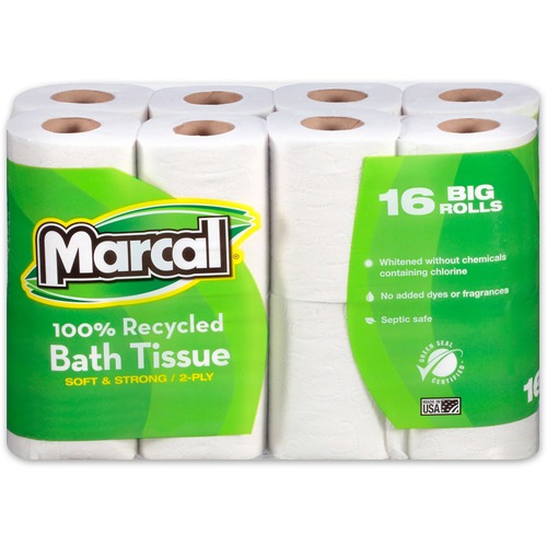Marcal Paper Mills, Inc  Bathroom Tissue, 2-Ply, 168 Sheets/Roll, 16 Rolls/PK, White