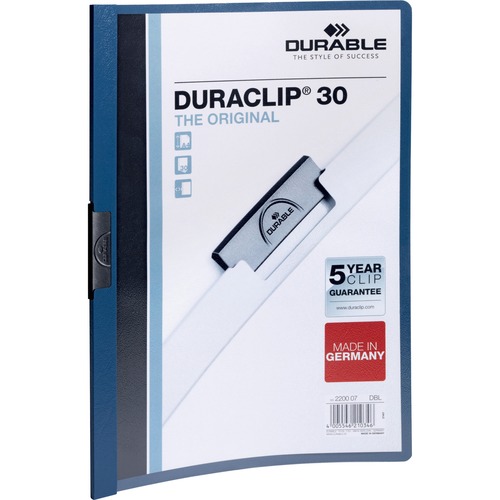 VINYL DURACLIP REPORT COVER, LETTER, HOLDS 30 PAGES, CLEAR/DARK BLUE, 25/BOX
