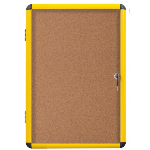 Industrial Enclosed Cork Board, Single Door, Yellow Aluminum Frame, 47" x 38"