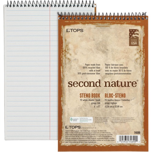 SECOND NATURE RECYCLED NOTEBOOKS, GREGG RULE, 6 X 9, WHITE, 70 SHEETS