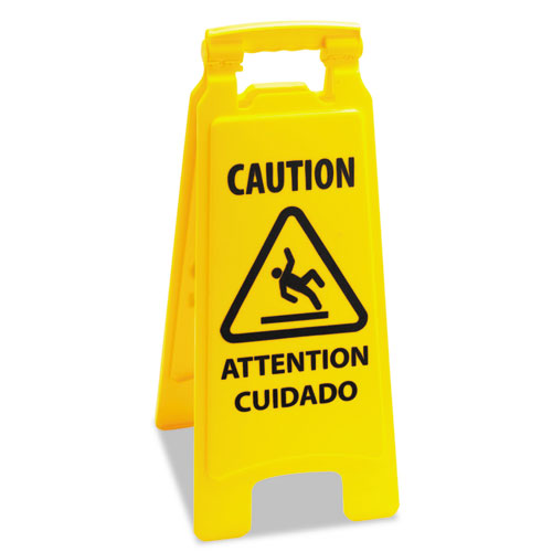 CAUTION SAFETY SIGN FOR WET FLOORS, 2-SIDED, PLASTIC, 10 X 2 X 26, YELLOW