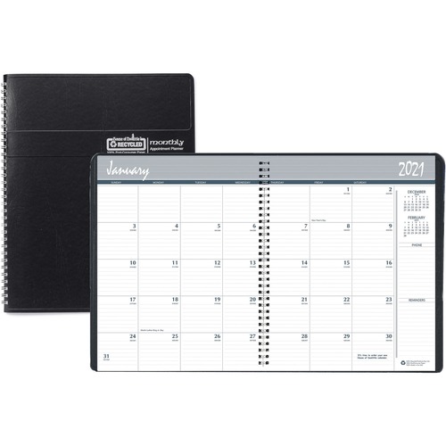 RECYCLED RULED MONTHLY PLANNER, 14-MONTH DEC.-JAN., 11 X 8.5, BLACK, 2020-2022