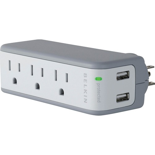 Wall Mount Surge Protector, 3 Outlets/2 Usb Ports, 918 Joules, Gray/white