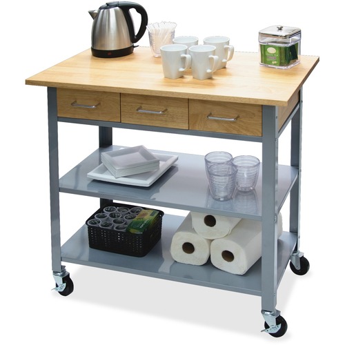 COUNTERTOP SERVING CART, 35.5W X 19.75D X 34.25H, SILVER/BROWN