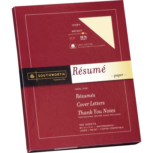 100% COTTON RESUME PAPER, 32 LB, 8.5 X 11, IVORY, 100/PACK