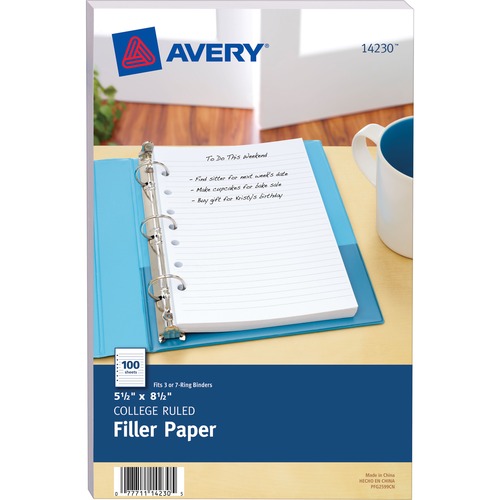 Mini Size Binder Filler Paper, 7-Hole, 5.5 x 8.5, College Rule, 100/Pack