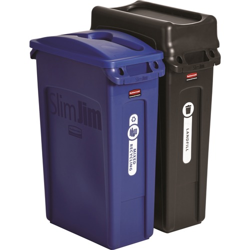 Rubbermaid Commercial Products  Recycling Kit, 23 Gal Slim Jims, w/lids, 5/Set, Black/Blue