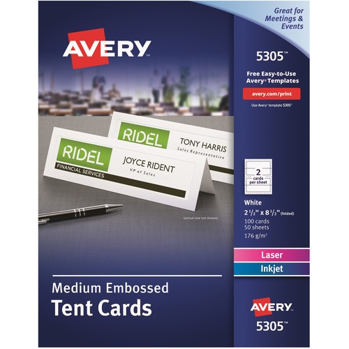 MEDIUM EMBOSSED TENT CARDS, WHITE, 2 1/2 X 8.5, 2 CARDS/SHEET, 100/BOX