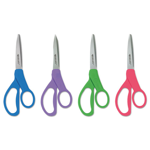 STUDENT SCISSORS WITH ANTIMICROBIAL PROTECTION, POINTED TIP, 7" LONG, 3" CUT LENGTH, RANDOMLY ASSORTED STRAIGHT HANDLES