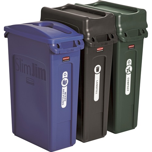 Rubbermaid Commercial Products  Recycling Kit, 23 Gal Slim Jims, w/lids, 7/Kit, BK/BE/GN