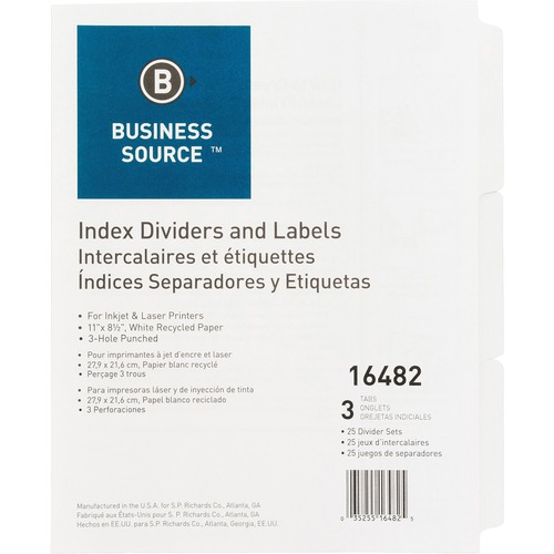 Business Source  Index Dividers, 3HP, 3-Tab, 25 Sets/BX, 8-1/2"x11", WE