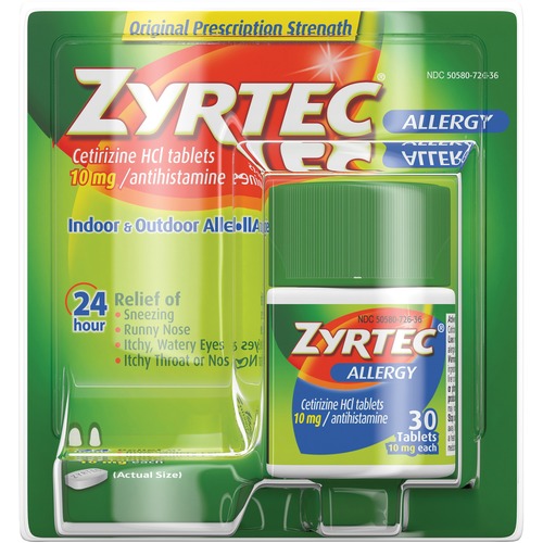 Johnson & Johnson  Zyrtec Allergy Tablets, 10mg, 30/BX, Green