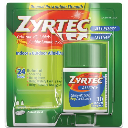 Johnson & Johnson  Zyrtec Allergy Tablets, 10mg, 30/BX, Green