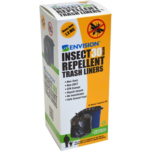 Stout  Trash Can Liner, w/ Insect Repellent, 30Gal Cap, 10BG/BX, BK