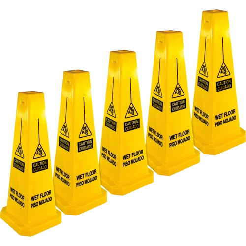 Genuine Joe  Caution Safety Cone,Spanish/Engl,4-Sided,10"x10"x24",5/CT,YW