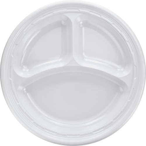 Famous Service Plastic Dinnerware, Plate, 3-Comp, 10 1/4" Dia, White, 500/carton