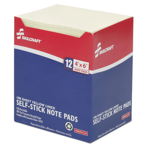 7530012733755 SKILCRAFT SELF-STICK NOTE PADS, 4 X 6, LINED, YELLOW, 100 SHEETS, DOZEN