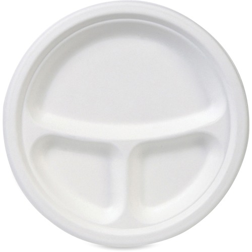 Ecosmart Molded Fiber Dinnerware, 3-Compartment Plate, White,10"dia, 500/carton