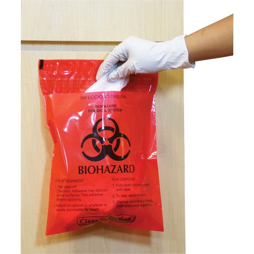 CareTek  Biohazard Waste Bag, Peel/Stick, 2.6 Qt, 12"x14", 100/BX, RD