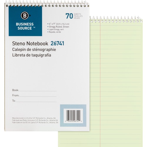 Business Source  Steno Notebook,Gregg Ruled,6"x9",70 Sheets,Green Paper