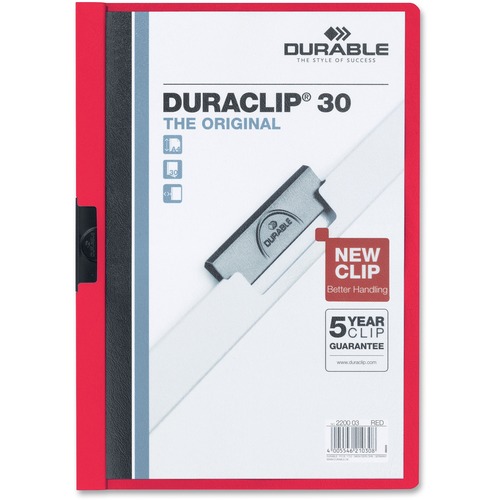 VINYL DURACLIP REPORT COVER W/CLIP, LETTER, HOLDS 30 PAGES, CLEAR/RED, 25/BOX