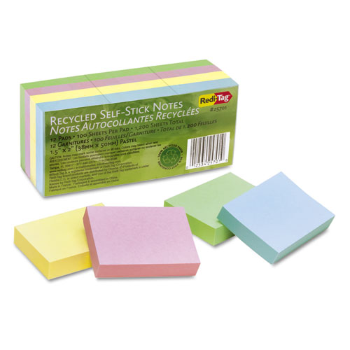 100% Recycled Notes, 1 1/2 X 2, Four Pastel Colors, 12 100-Sheet Pads/pack