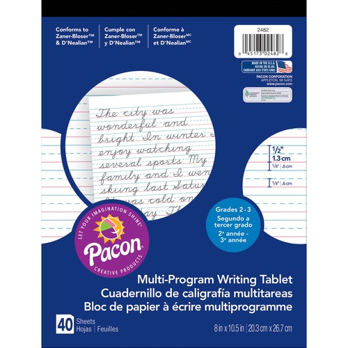 Pacon  Handwriting Tablet,1/2" Shrt Rld,8"x10-1/2",40Shts,24/CT,WE