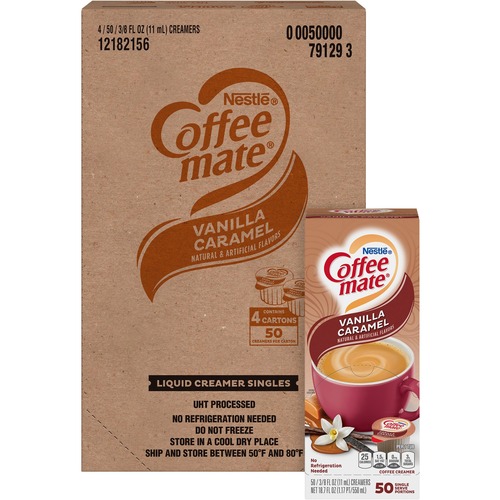 LIQUID COFFEE CREAMER, VANILLA CARAMEL, 0.38 OZ MINI CUPS, 50/BOX, 4 BOXES/CARTON, 200 TOTAL/CARTON