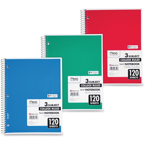 SPIRAL NOTEBOOK, 3 SUBJECTS, MEDIUM/COLLEGE RULE, ASSORTED COLOR COVERS, 11 X 8, 120 SHEETS