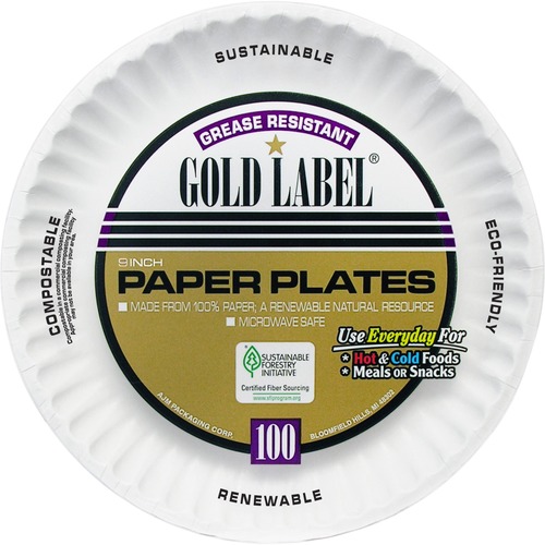 Gold Label Coated Paper Plates, 9" Dia, White, 100/pack, 10 Packs/carton