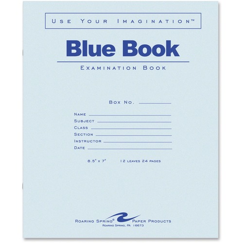 Roaring Spring Paper Products  Exam Book, 8-1/2"x7", 12 Shts, Wide Rule, Blue Cover